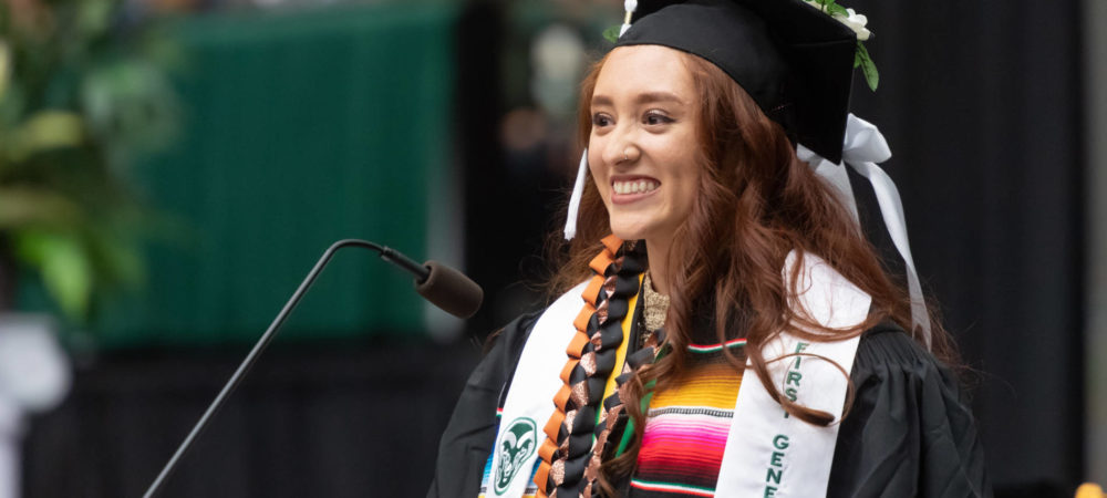 Janae Brown delivers the student speech at Colorado State University’s College of Liberal Arts 2019 Spring Commencement. May 17, 2019